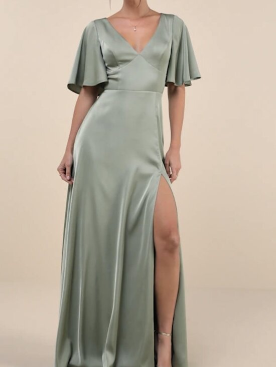 Lulus Dresses & Skirts - Lulus Elegant Confidence Sage Satin Flutter Sleeve Cutout Maxi Dress Green